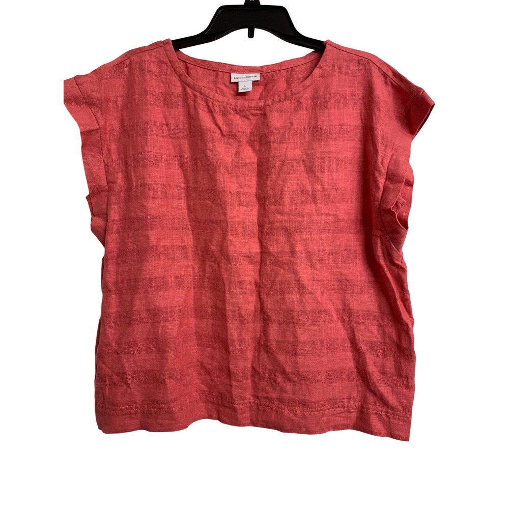 Liz Claiborne Coral Pink‎ Linen Blend Textured Stripe Cap Sleeve Blouse Large